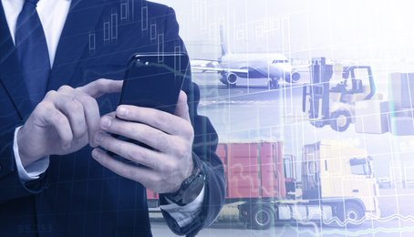 Multiple exposure of businessman with smartphone and different transports. Logistics