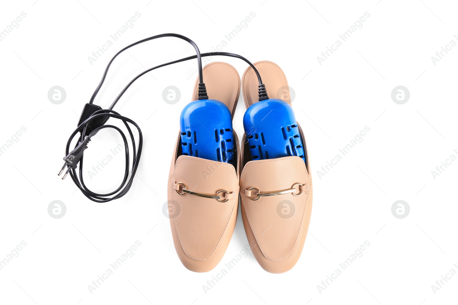 Photo of Pair of stylish shoes with modern electric footwear dryer on white background, top view
