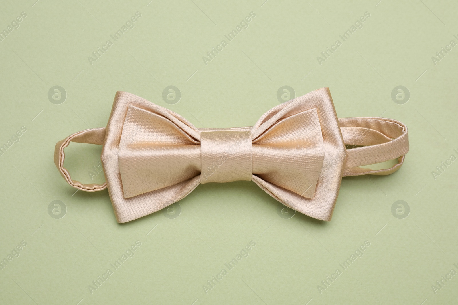 Photo of Stylish beige bow tie on pale green background, top view