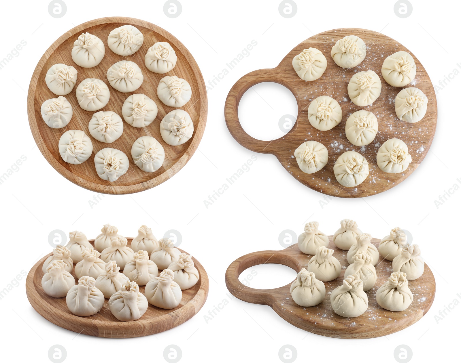 Image of Set of uncooked khinkalis (dumplings) isolated on white, top and side views