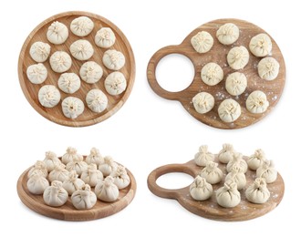 Image of Set of uncooked khinkalis (dumplings) isolated on white, top and side views