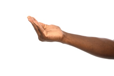 Photo of African-American man holding something in hand on white background, closeup