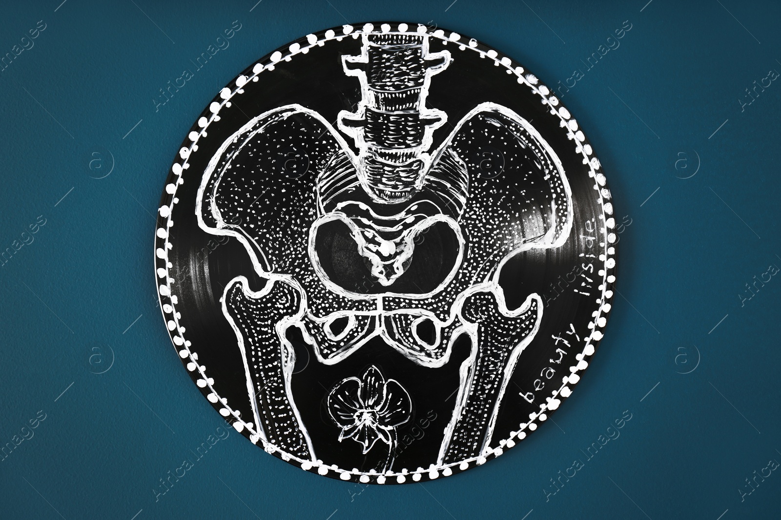 Photo of Halloween decoration on blue background, top view