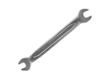 New wrench on white background, top view. Plumber tools