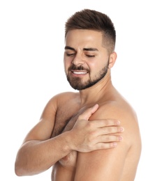Photo of Man suffering from shoulder pain on white background