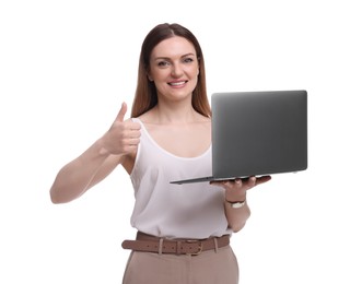 Photo of Beautiful businesswoman with laptop showing thumbs up on white background