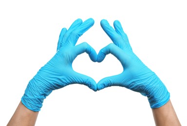 Doctor wearing light blue medical gloves making heart gesture on white background, closeup