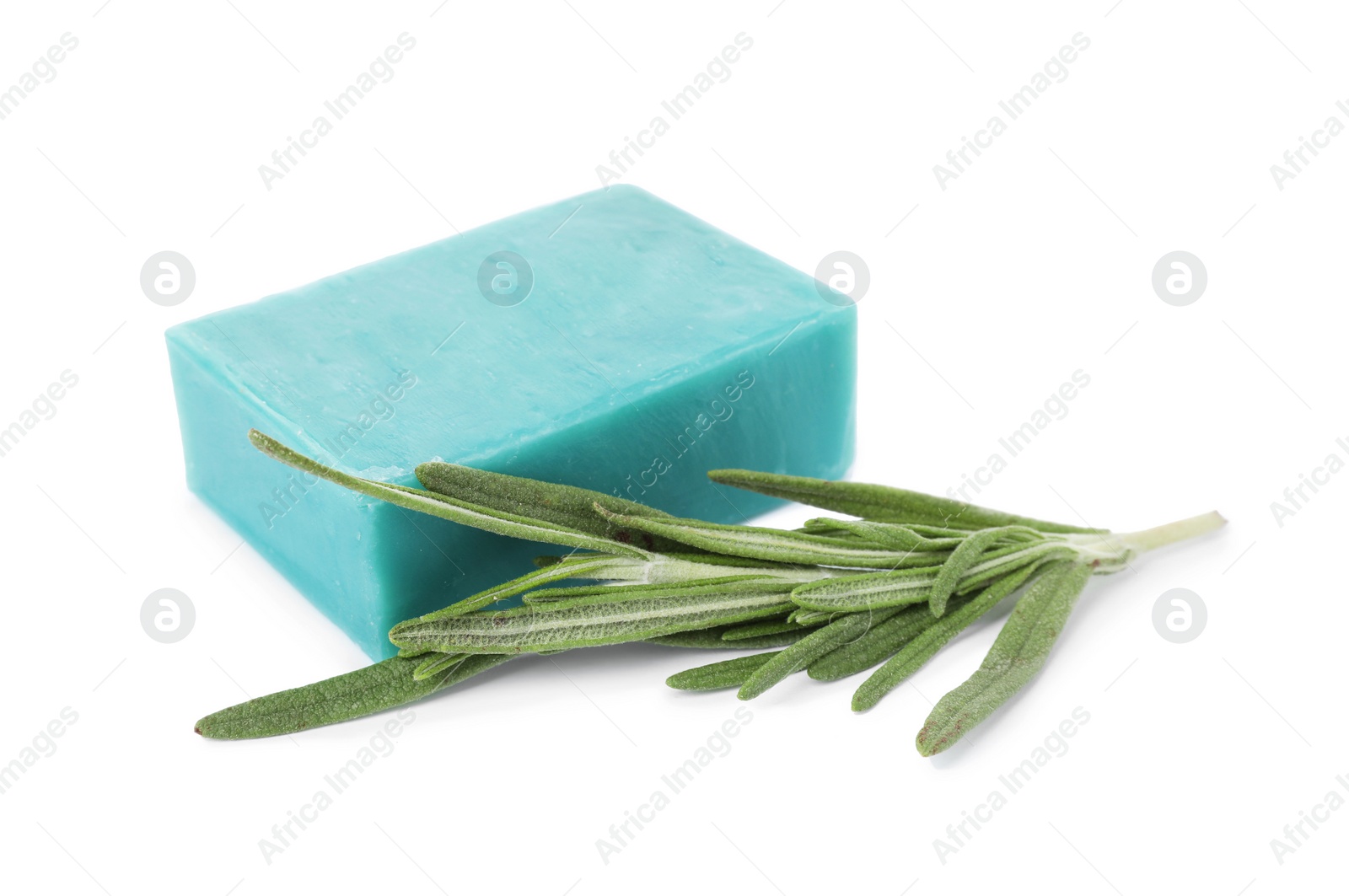 Photo of Soap bar and rosemary on white background