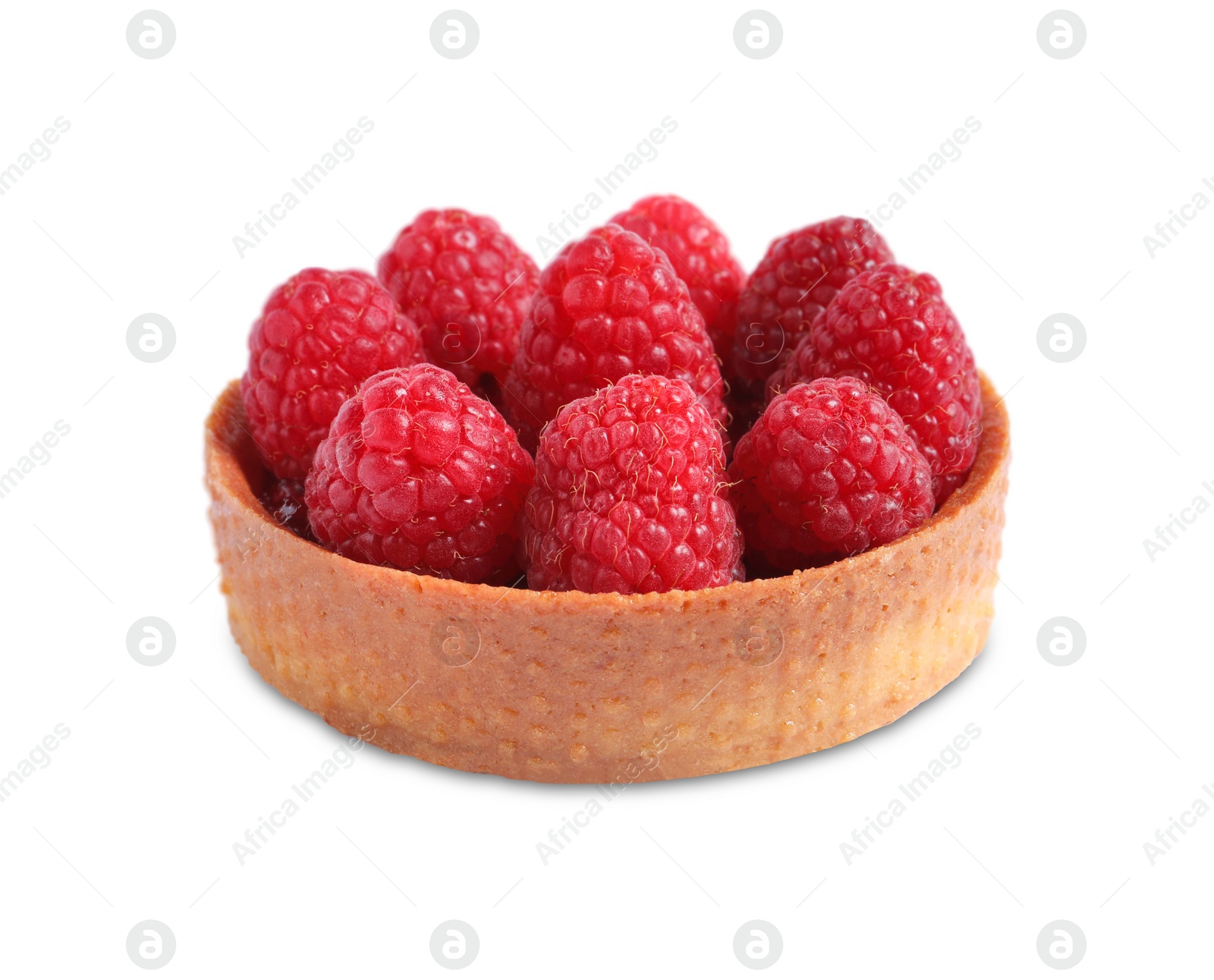 Photo of Tartlet with fresh raspberries isolated on white. Delicious dessert