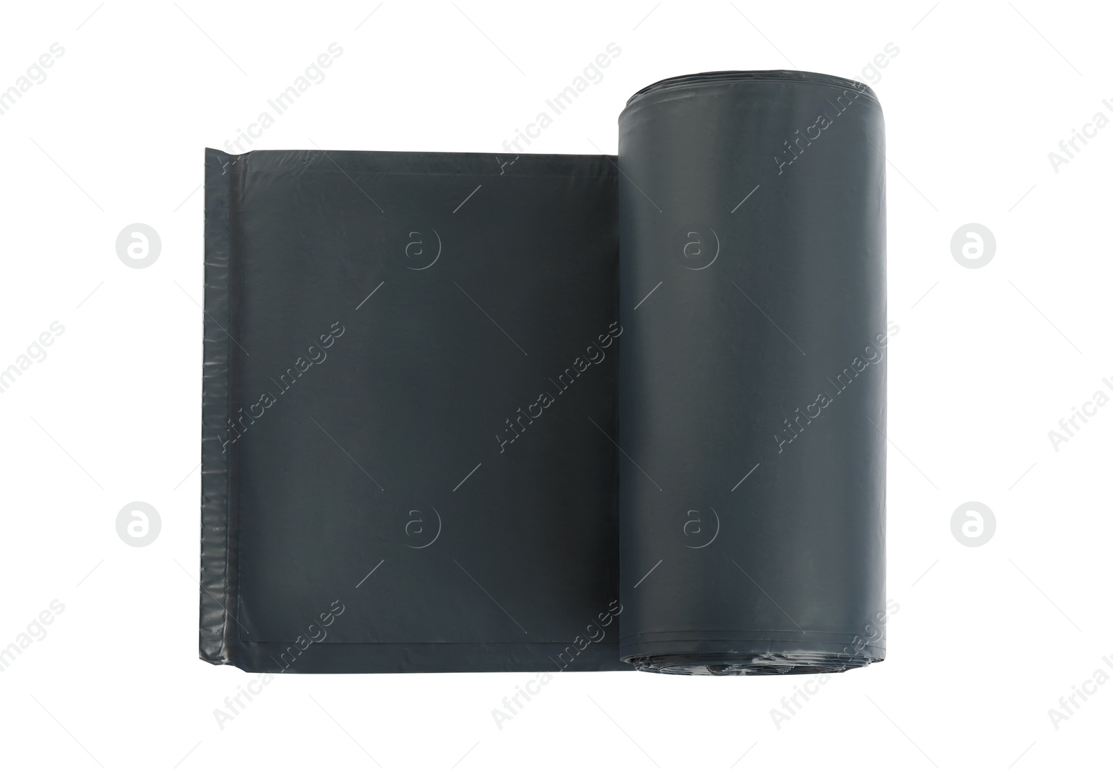 Photo of Roll of black garbage bags on white background, top view. Cleaning supplies