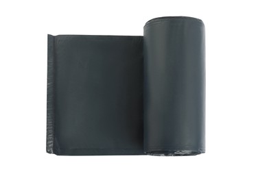 Roll of black garbage bags on white background, top view. Cleaning supplies