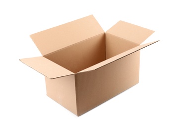 Photo of Open cardboard box on white background. Mockup for design