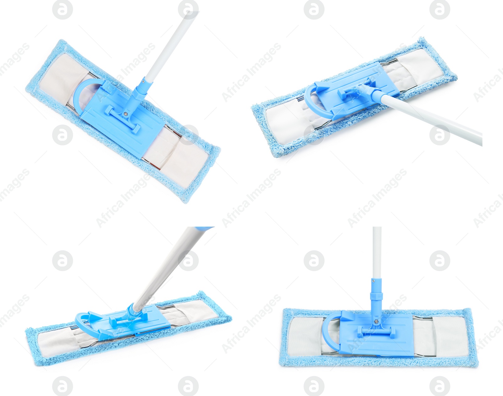 Image of Collage with blue flat mop on white background, different angles