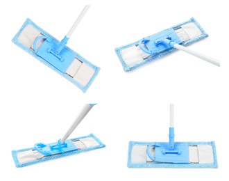 Image of Collage with blue flat mop on white background, different angles