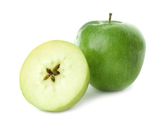 Fresh green apples on white background