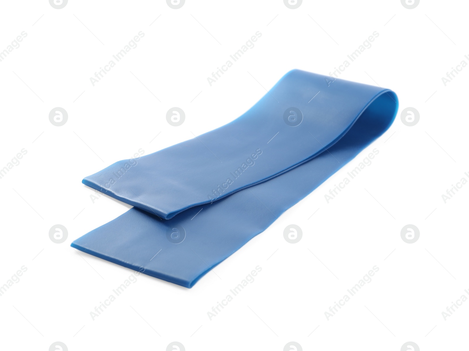 Photo of Blue elastic resistance band isolated on white. Fitness equipment