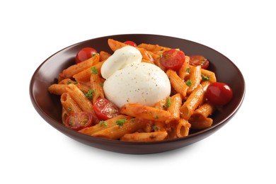 Photo of Delicious pasta with burrata cheese and tomatoes on isolated white