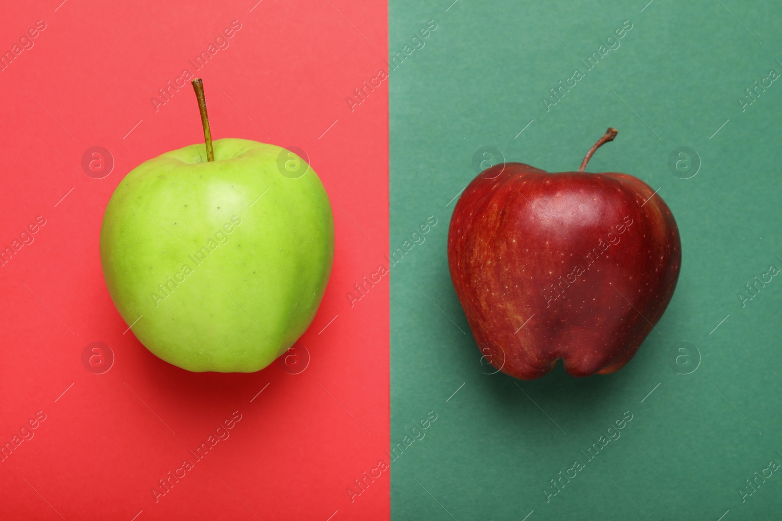 Photo of Ripe red and green apples on color background, flat lay