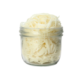 Photo of Glass jar of tasty fermented cabbage isolated on white