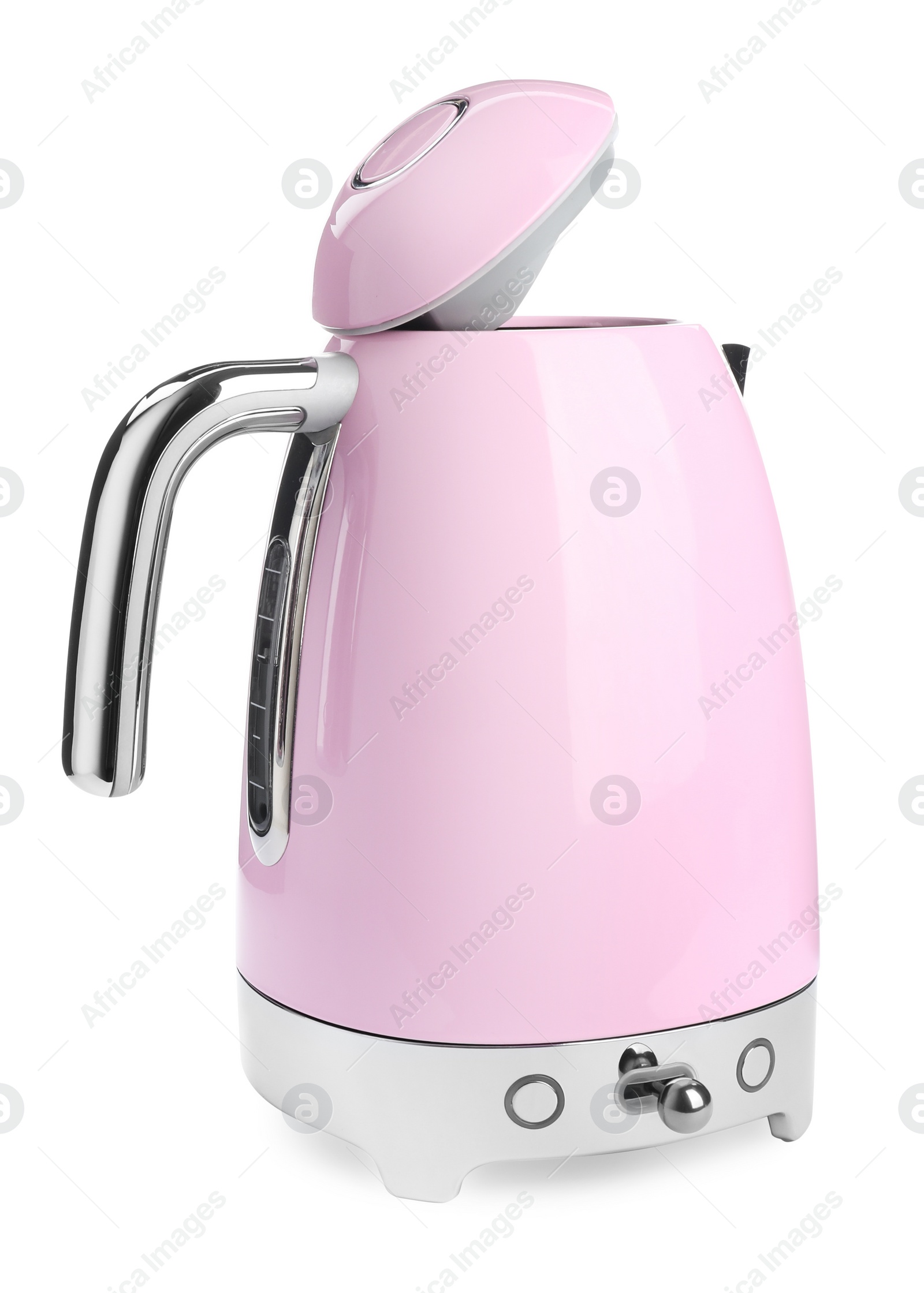 Photo of Modern pink electric kettle with base isolated on white