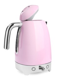 Modern pink electric kettle with base isolated on white