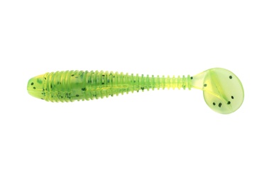 Rubber worm on white background, top view. Fishing lure