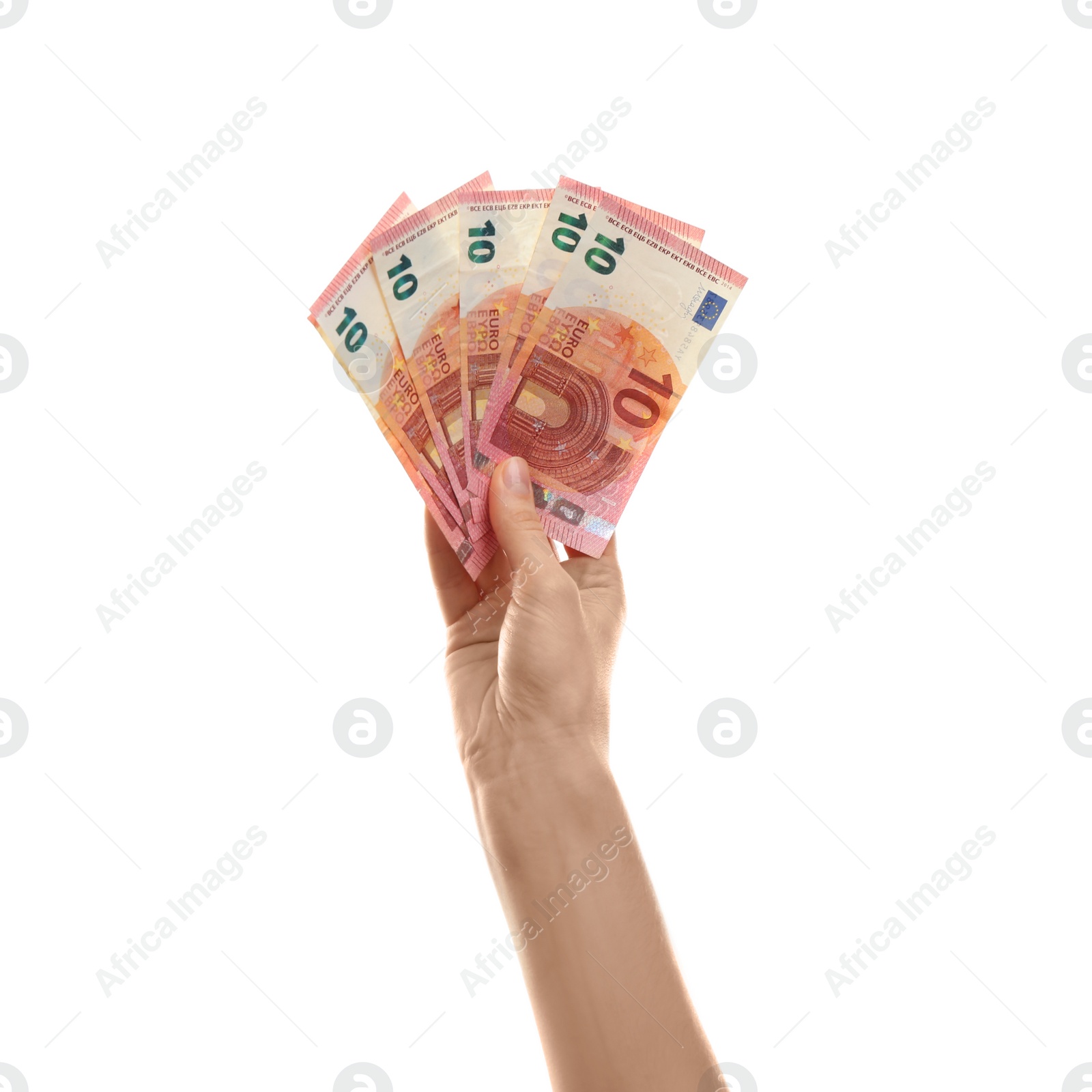 Photo of Woman with money on white background, closeup