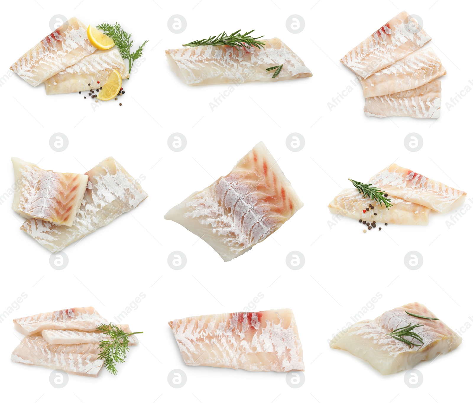 Image of Pieces of raw cod fish isolated on white, set