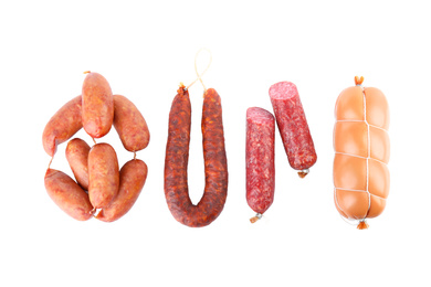 Different tasty sausages on white background, top view. Meat product