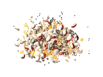 Photo of Mix of vegetable seeds on white background, top view