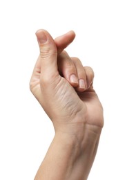 Photo of Woman showing heart gesture on white background, closeup of hand