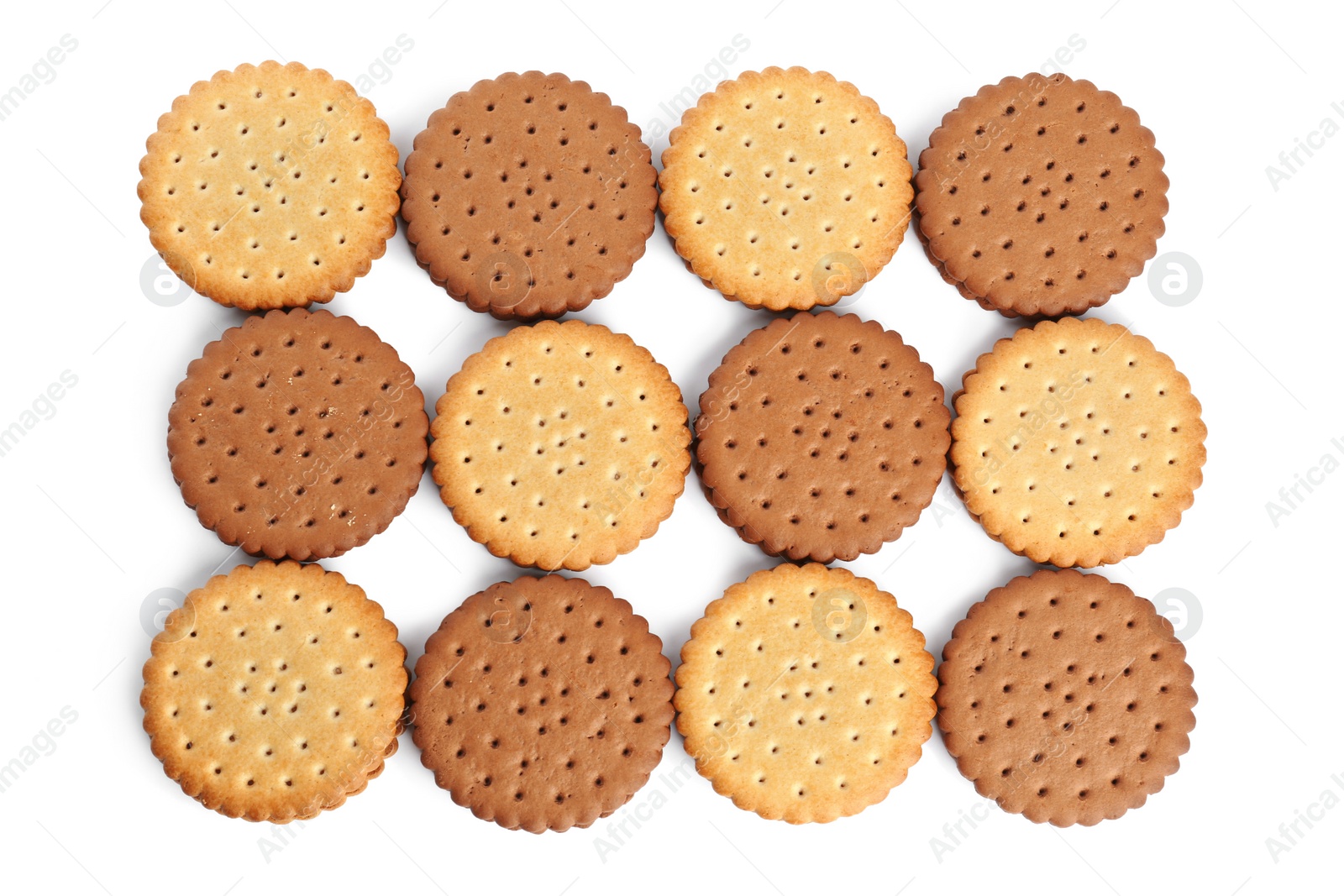 Photo of Different tasty sandwich cookies on white background, top view