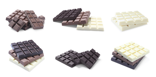 Image of Set with different chocolate bars on white background. Banner design