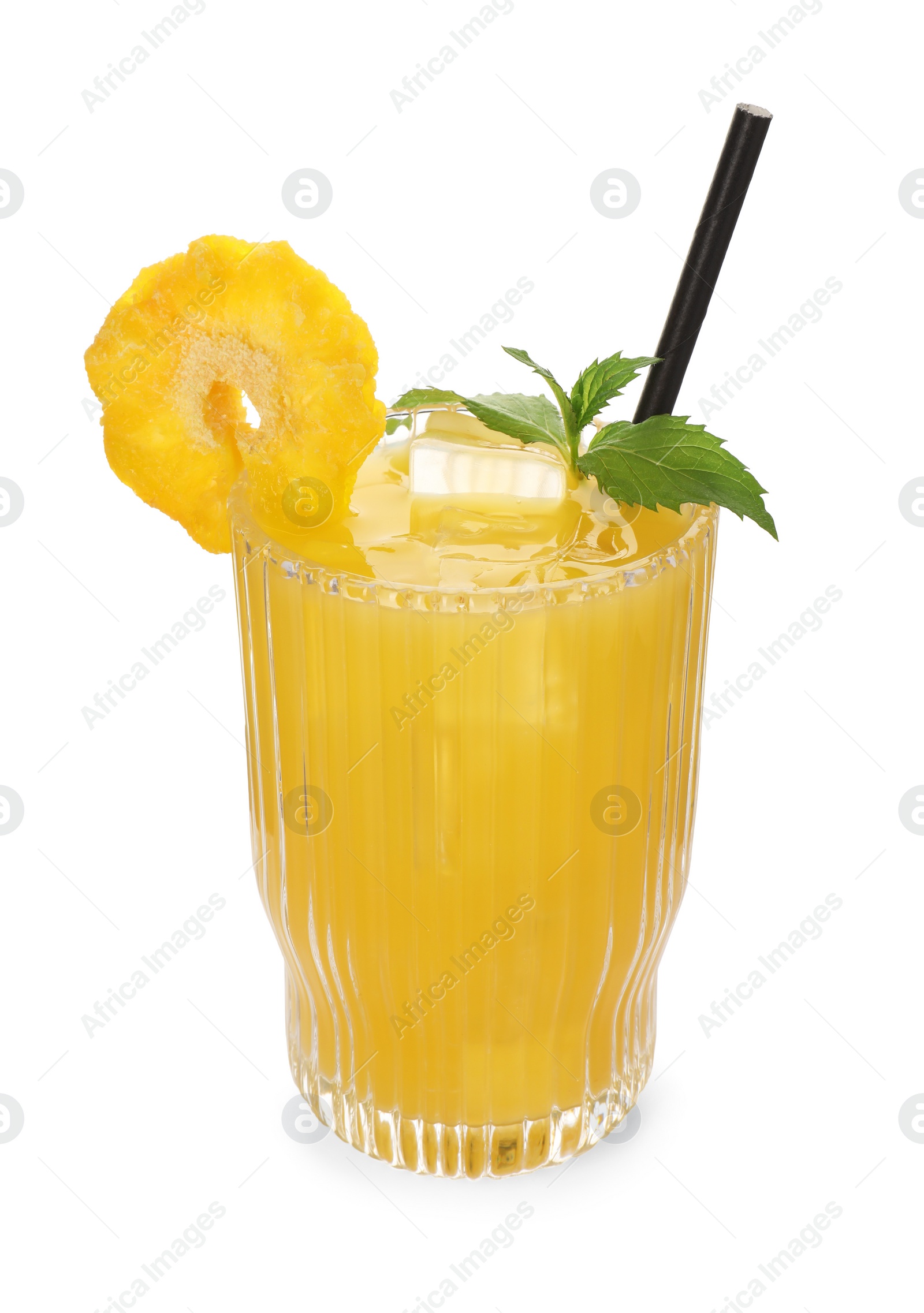 Photo of Tasty pineapple cocktail with ice cubes and mint isolated on white