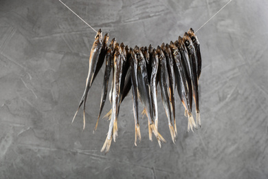 Photo of Dried fish hanging on rope against grey background