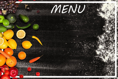 Image of Design of menu with black board, fruits and vegetables, space for text