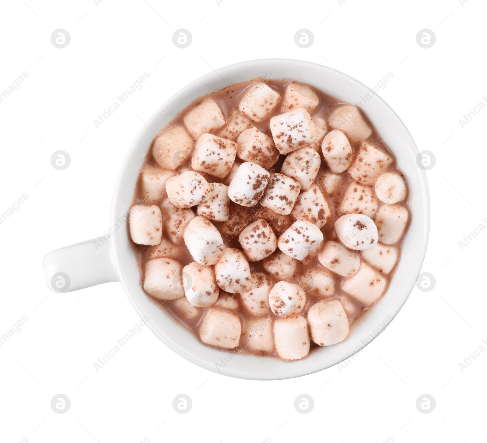 Photo of Cup of aromatic hot chocolate with marshmallows and cocoa powder isolated on white, top view