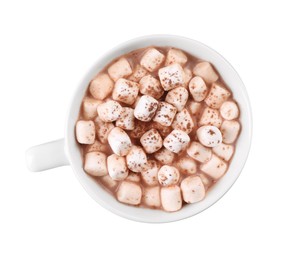 Photo of Cup of aromatic hot chocolate with marshmallows and cocoa powder isolated on white, top view