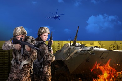 Image of Stop war in Ukraine. Defenders and military machinery protecting city, toned in colors of Ukrainian flag