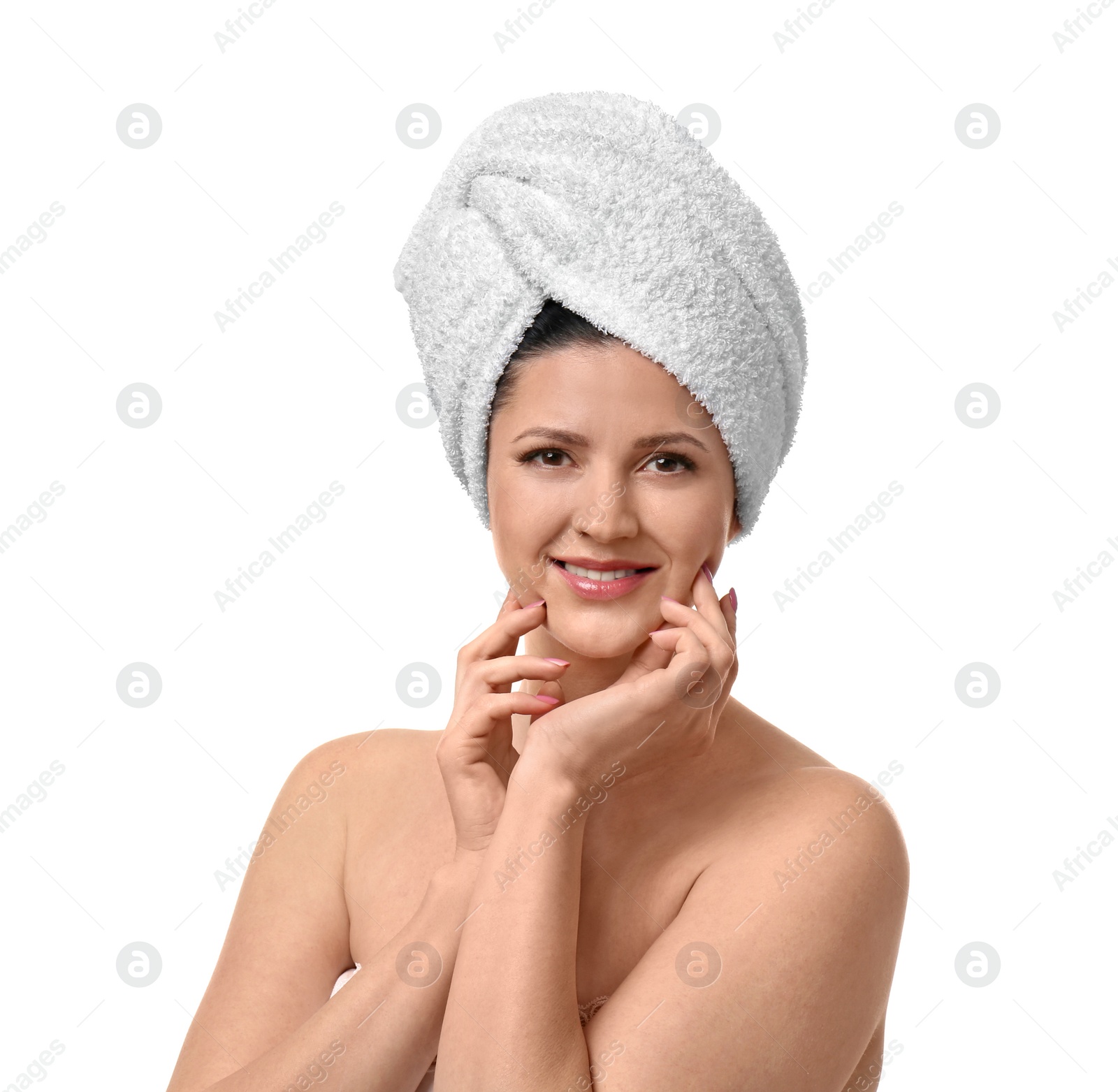 Photo of Beautiful woman with clean skin touching her face on white background