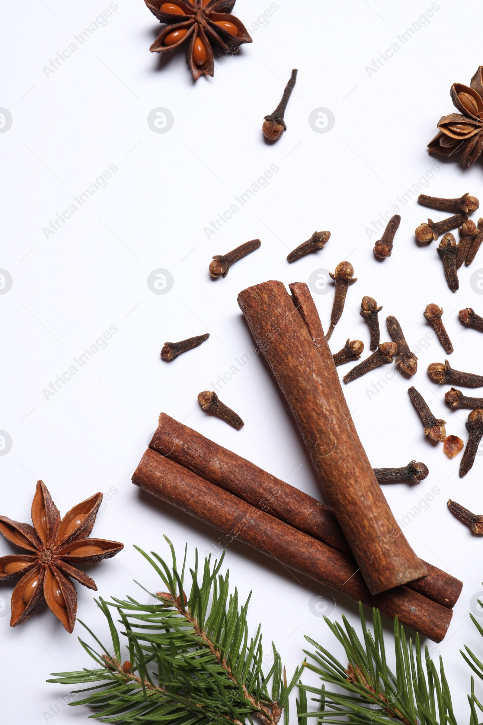 Photo of Different spices and fir branches on white table, flat lay