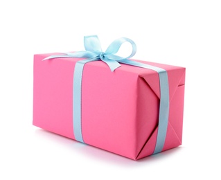 Photo of Beautiful gift box with ribbon on white background