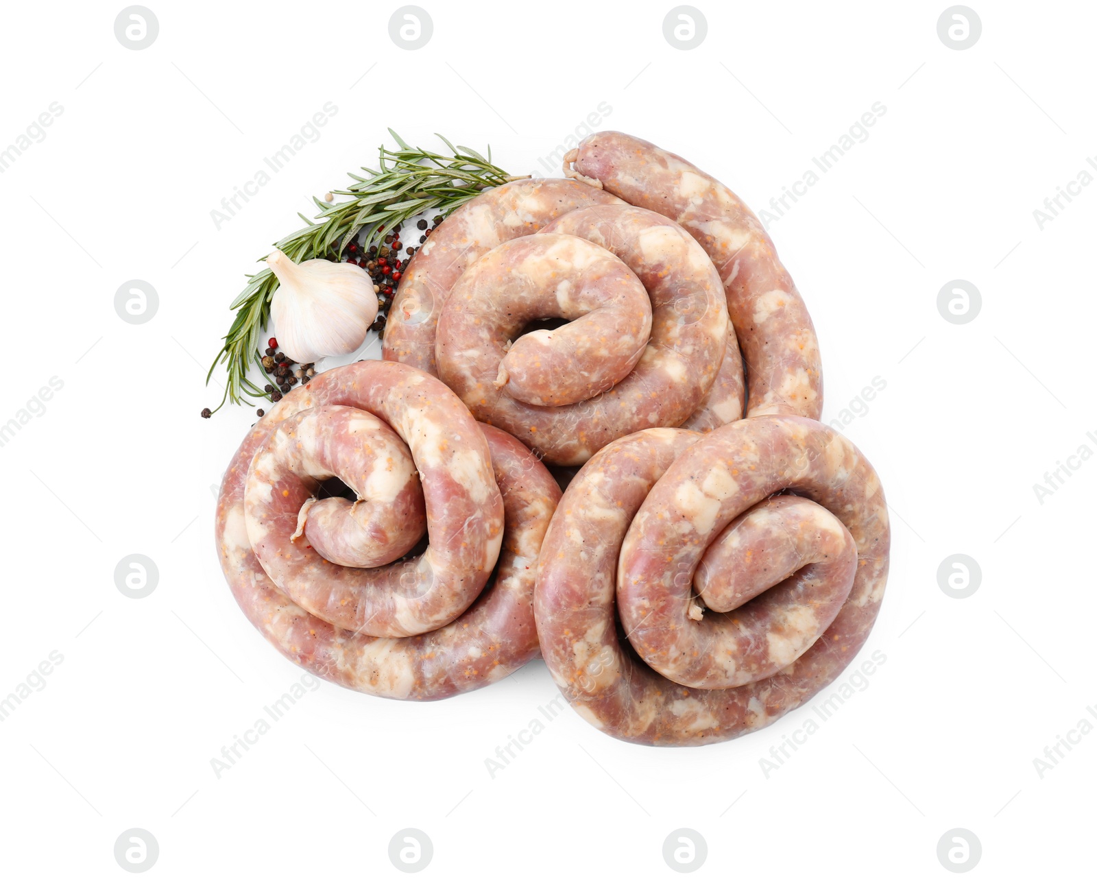 Photo of Homemade sausages, garlic, rosemary and peppercorns isolated on white, above view