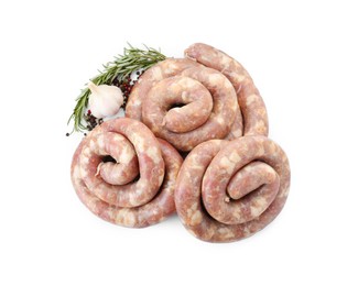 Photo of Homemade sausages, garlic, rosemary and peppercorns isolated on white, above view