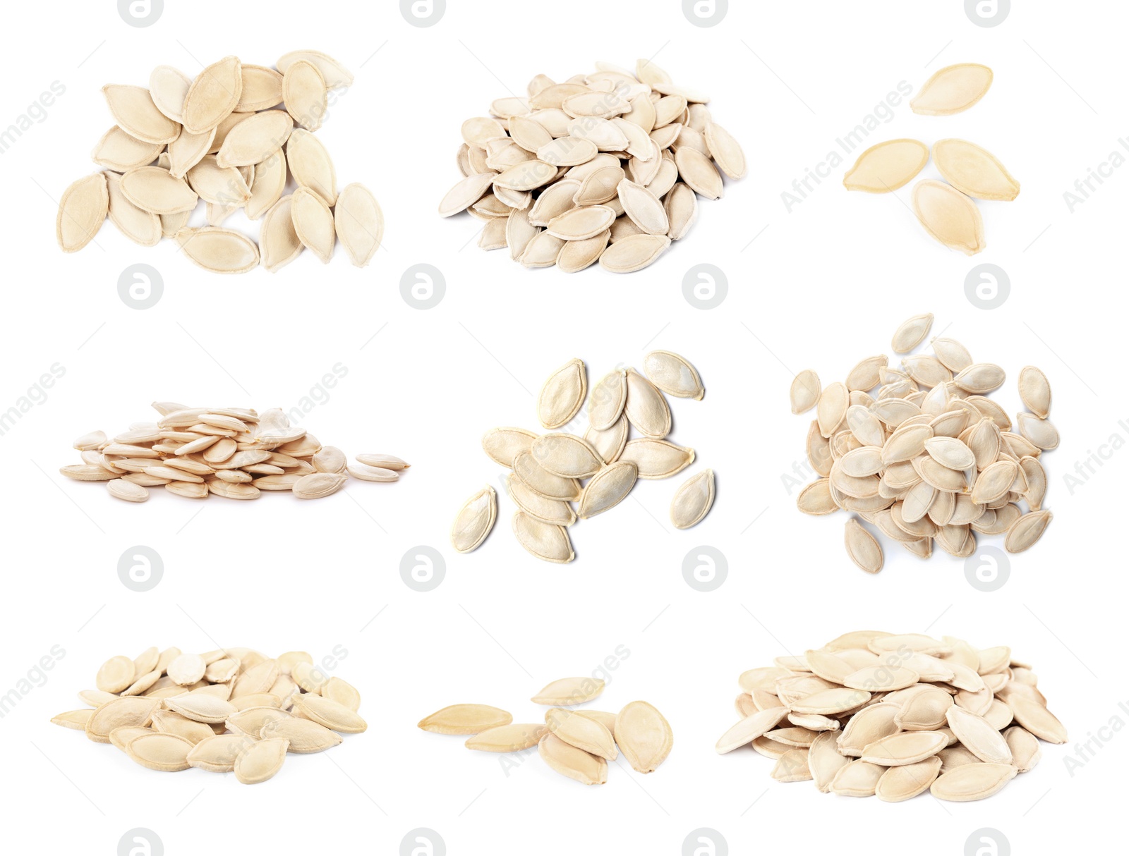 Image of Set of raw pumpkin seeds on white background