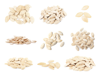 Image of Set of raw pumpkin seeds on white background