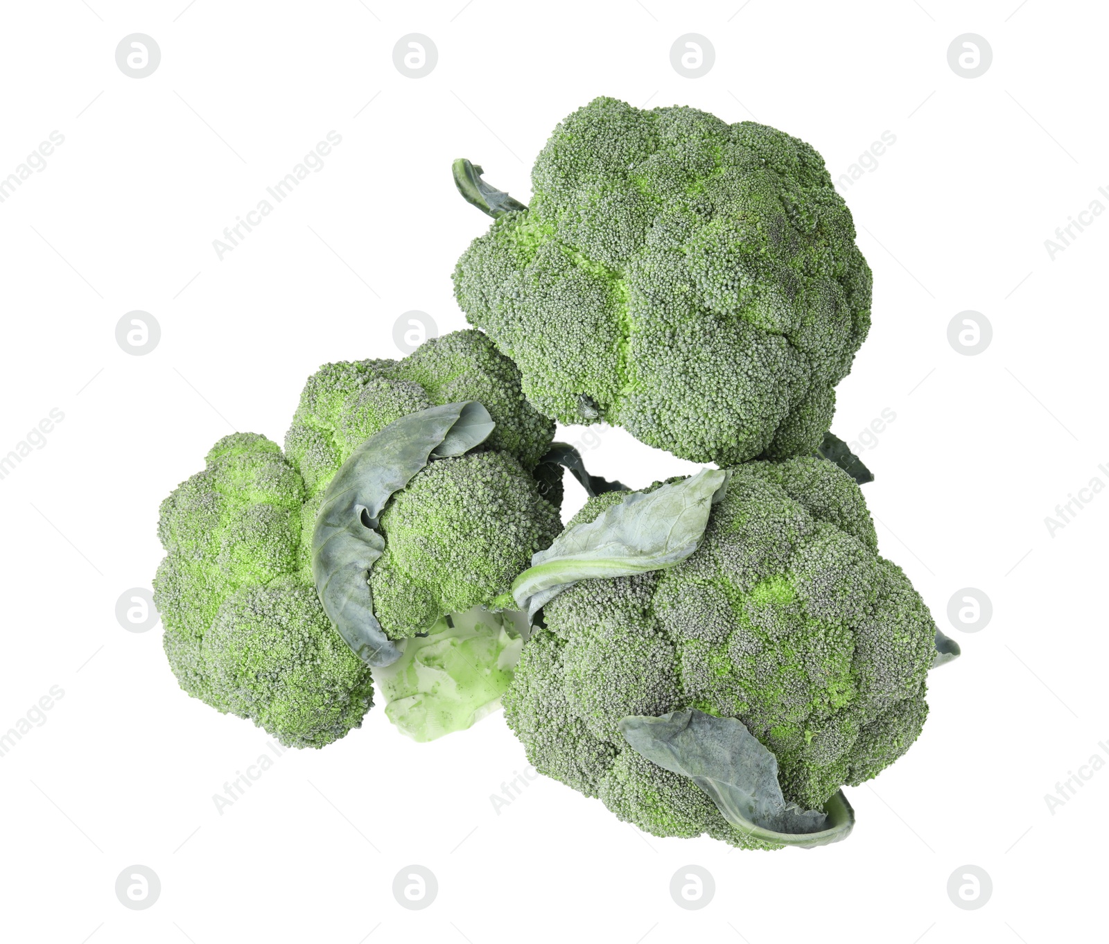 Photo of Fresh raw green broccoli isolated on white, top view