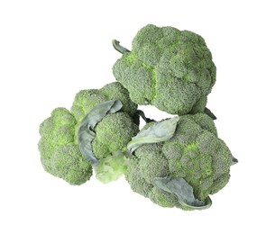 Photo of Fresh raw green broccoli isolated on white, top view