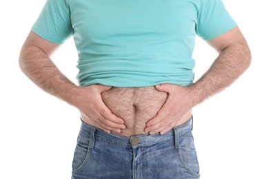 Overweight man with large belly isolated on white, closeup