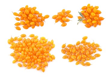 Image of Set with fresh ripe sea buckthorn berries on white background, top view